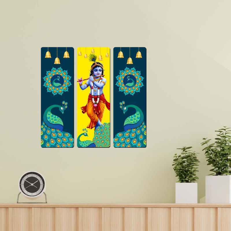 Lord Krishna Wooden Wall Hanging Art  Divine Bal Gopal Flute Playing Artwork for Living Room, Pooja Mandir, and Home Decor
